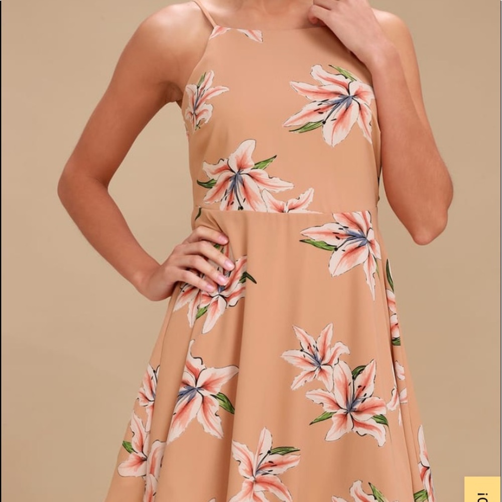 Nude Floral Tie-Back Dress